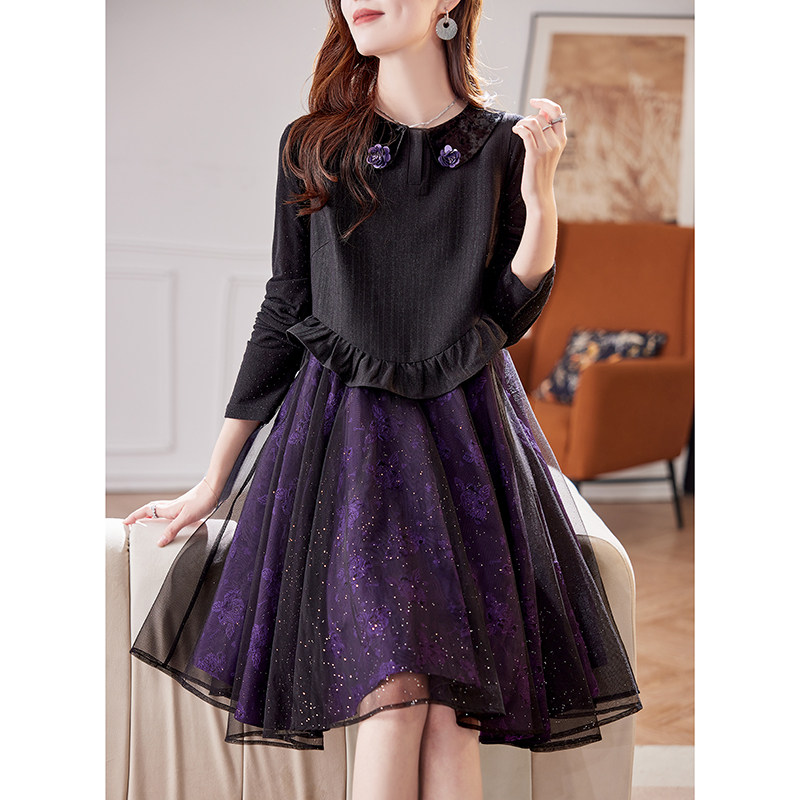 宝诗黎网纱提花拼接背心裙