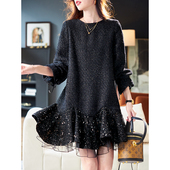 宝诗黎圆领网纱亮片拼接连衣裙2025秋季 新款 气质显瘦亮丝中长裙女