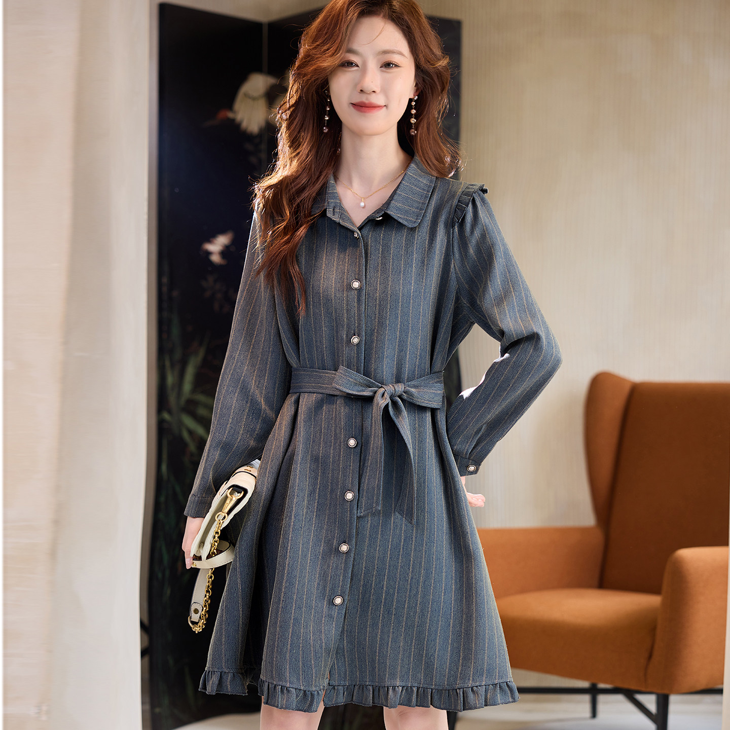 宝诗黎【新品价238元】翻领条纹收腰连衣裙HHI2197,女装/女士精品,连衣裙,淘宝优惠券,粉丝福利购,淘宝优惠卷