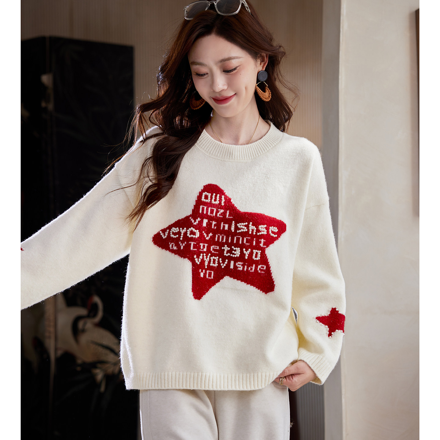 宝诗黎圆领钉珠亮丝提花毛衣2026春季韩系时尚休闲百搭宽松上衣女,女装/女士精品,毛衣,淘宝优惠券,粉丝福利购,淘宝优惠卷