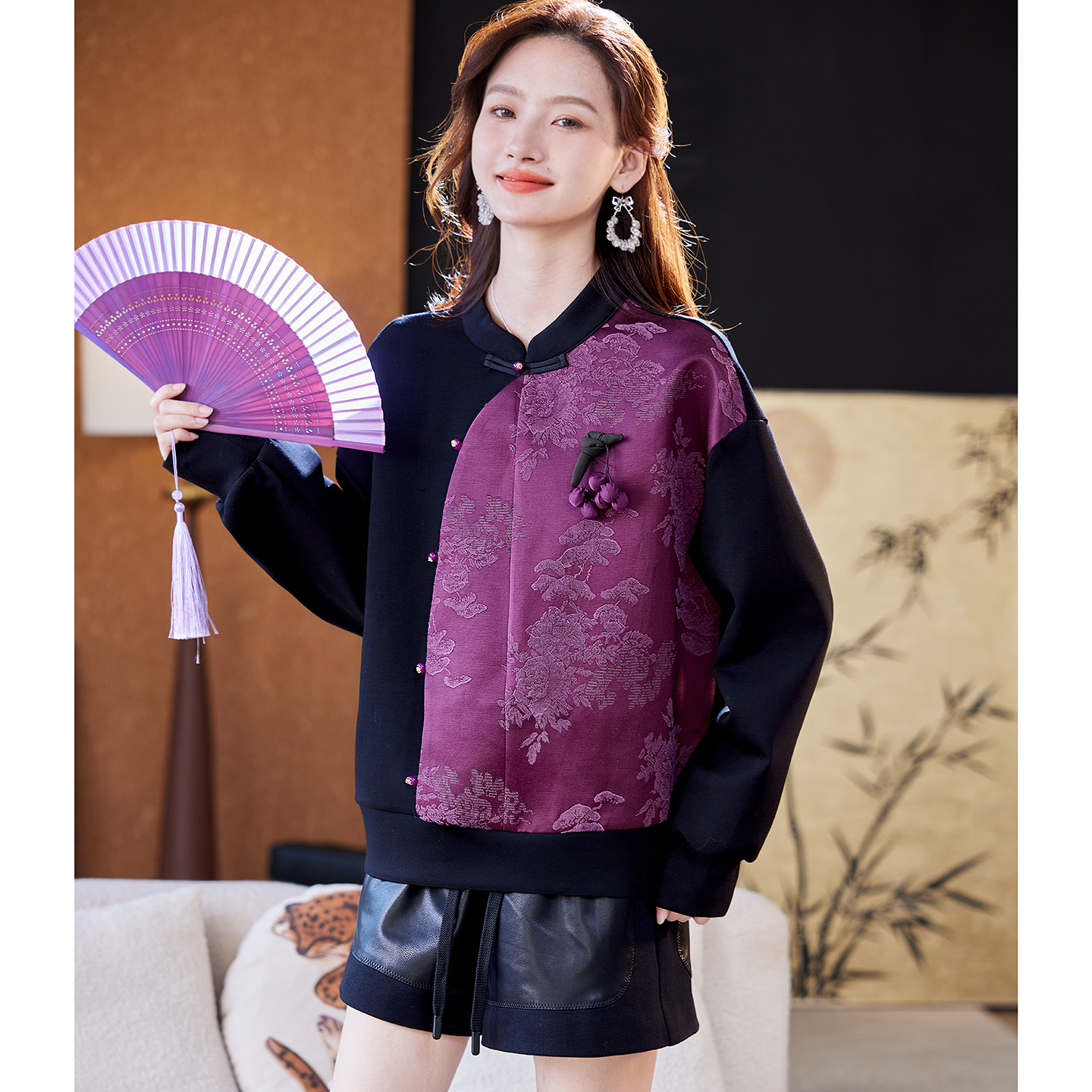 宝诗黎新中式提花拼接卫衣