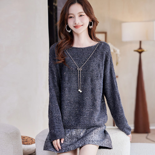 宝诗黎圆领链条亮丝毛衣