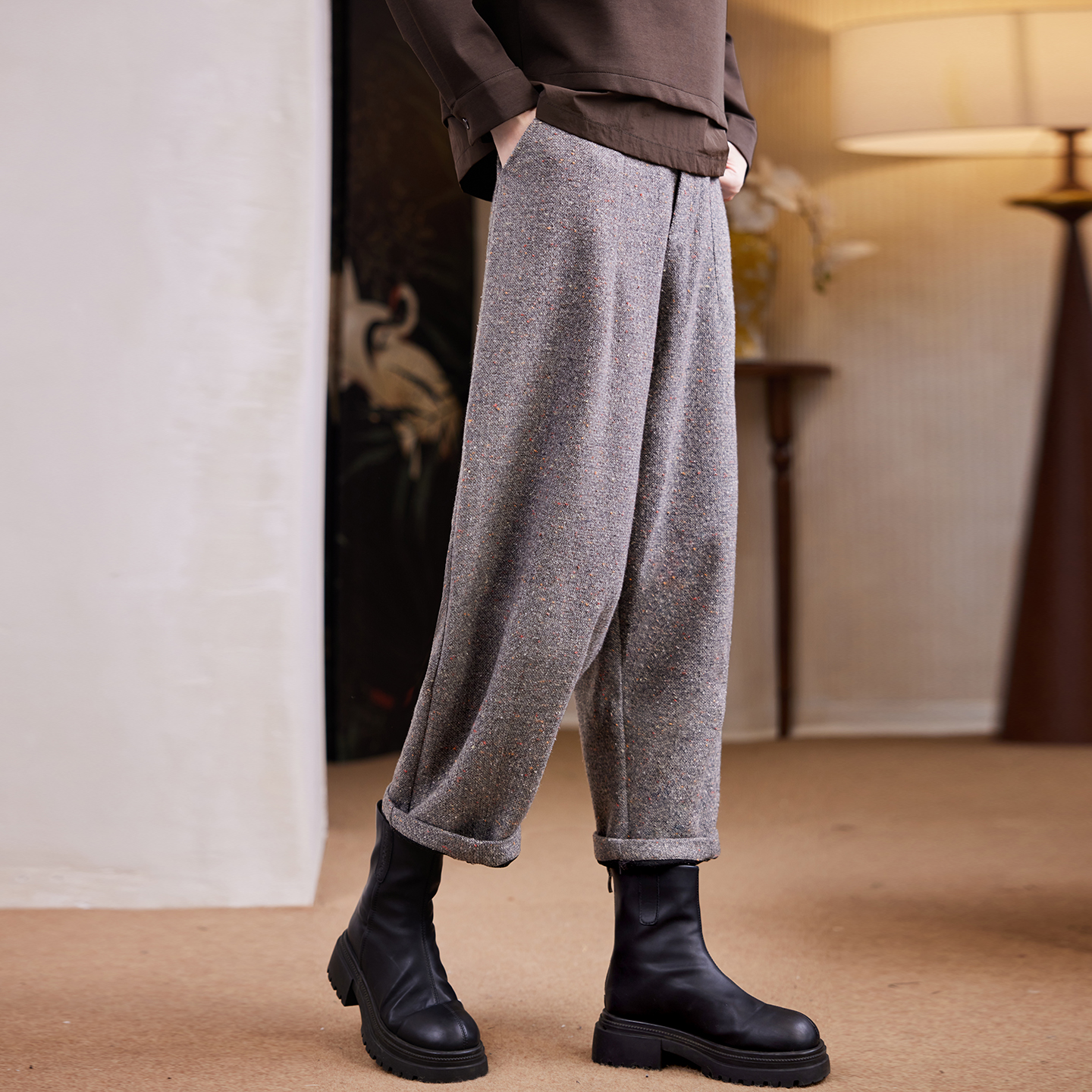 宝诗黎高腰气质宽松休闲裤2025秋冬时尚百搭显瘦西装阔腿哈伦裤女