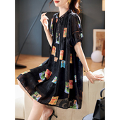 宝诗黎蕾丝印花休闲短袖 连衣裙2025夏季 洋气宽松遮肉A字雪纺裙潮