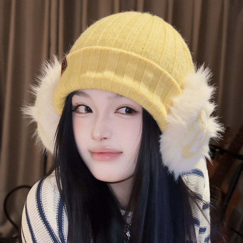韩系针织护耳耳罩毛线帽女秋冬可拆卸新款保暖大头围百搭防寒冷帽