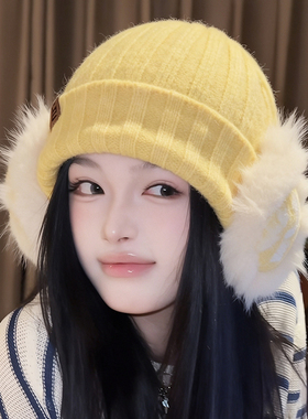 韩系针织护耳耳罩毛线帽女秋冬可拆卸新款保暖大头围百搭防寒冷帽