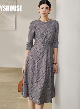 罗衣时尚复古格子连衣裙女2025秋季新款气质修身圆领中长裙12737