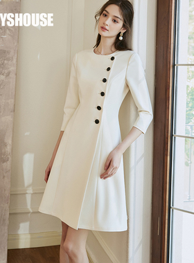 罗衣知性圆领大摆连衣裙女2025春装新款通勤米白色收腰A字裙09973