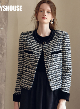 罗衣复古小香风粗花呢外套女2024冬季新款拼接丝绒修身西服09756