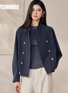 罗衣休闲深蓝色夹克女2025秋新款时尚洋气立领短款风衣外套12731