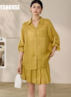 罗衣2025秋季休闲苎麻衬衫百褶裙两件套12571