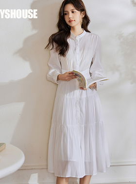 罗衣通勤立领收腰衬衫连衣裙女2025春季新款白色褶皱大摆裙08347