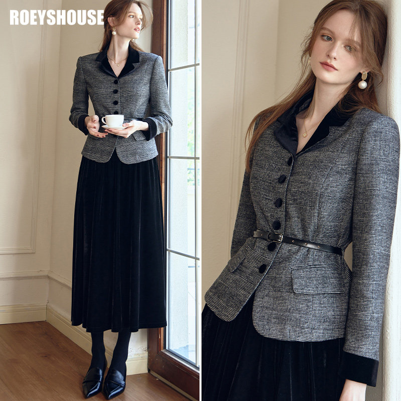 罗衣高级灰色拼接西装外套女2024冬季新款职业修身毛呢西服09735