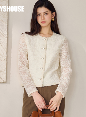 罗衣独特漂亮米白色蕾丝短外套女秋圆领修身显瘦贵气感上衣12735