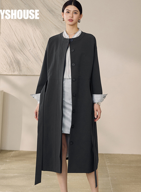 罗衣通勤百搭系带风衣女2025秋季新款气质深灰色中长款外套12595