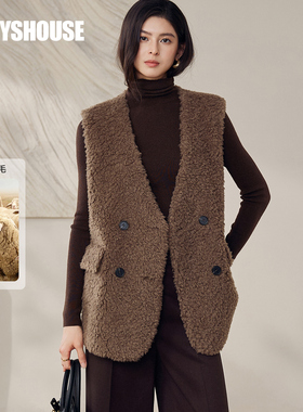 罗衣轻奢100%绵羊毛皮草外套女冬季无袖V领羊羔绒毛呢马甲12942