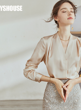 罗衣知性OL缎面衬衫女2025春季新款气质V领杏色衬衣长袖上衣04878