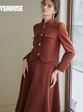 罗衣小香风毛呢套装女2025秋冬新款知性OL上衣半身裙两件套07660