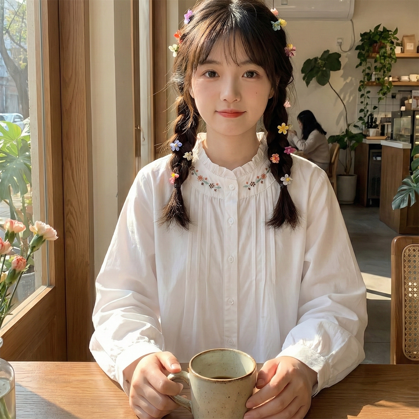 日系软妹甜美木耳边小立领长袖衬衫女宽松显瘦小个子纯棉衬衣上衣