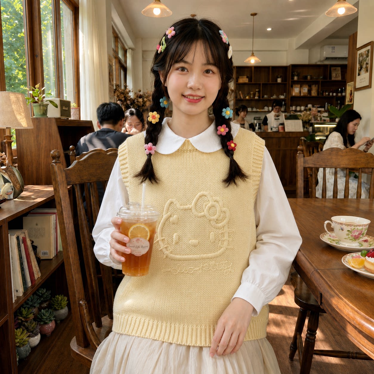日系软妹元气少女童趣可爱猫咪字母刺绣短款针织衫马甲小个子背心