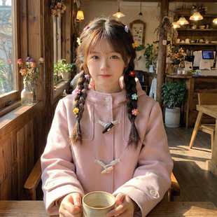 日系软妹撞色牛角扣jk连帽毛呢大衣少女夹棉加厚中长款 呢子外套冬