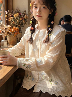 日系森女刺绣娃娃领纯棉长袖衬衫
