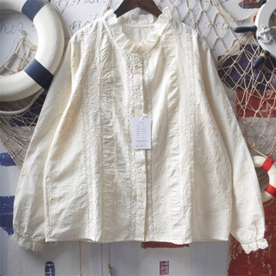 日系软妹森女风重工钩花刺绣蕾丝拼接宽松荷叶边立领长袖 纯棉衬衫