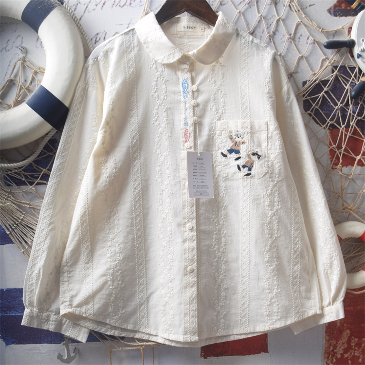 日系软妹花藤麦穗刺绣长袖衬衫女