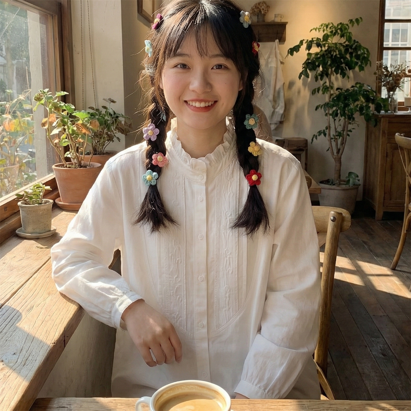 刺绣花朵木耳边小立领长袖衬衫女