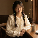 日系软妹森女风甜美可爱荷叶边娃娃领系带蝴蝶结加绒加厚长袖 衬衫