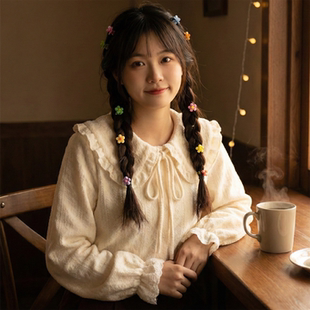 日系软妹森女风甜美可爱荷叶边娃娃领系带蝴蝶结加绒加厚长袖 衬衫