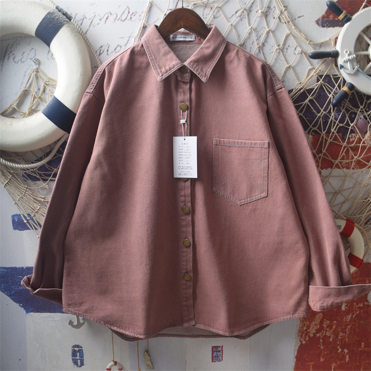 日系软妹复古水洗全棉牛仔衬衫女