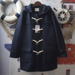 日系软妹复古工装 大口袋宽松牛角扣连帽夹棉加厚毛呢大衣外套少女