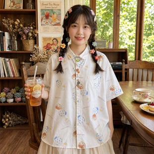 日系软妹元气少女童趣涂鸦印花个性宽松慵懒bf风短袖纯棉衬衫上衣