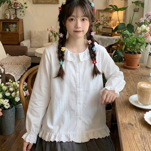 日系软妹森女风小清新蕾丝花边娃娃领宽松纯棉布长袖 上衣女 白衬衫