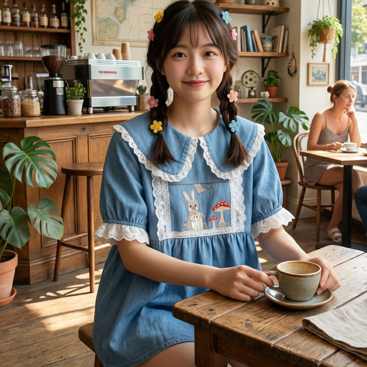 日系软妹可爱蘑菇兔子刺绣蕾丝拼接娃娃领短袖牛仔衬衣森女娃娃衫