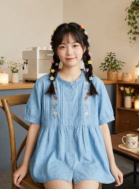 日系森系刺绣花木耳边牛仔衬衫女