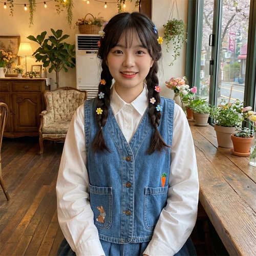 日系软妹森女刺绣小兔子牛仔马甲