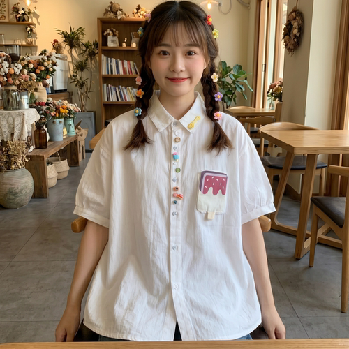 日系软妹纯棉宽松短袖白衬衫上衣