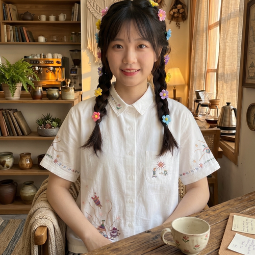 日系软妹涂鸦刺绣短袖牛仔衬衫女