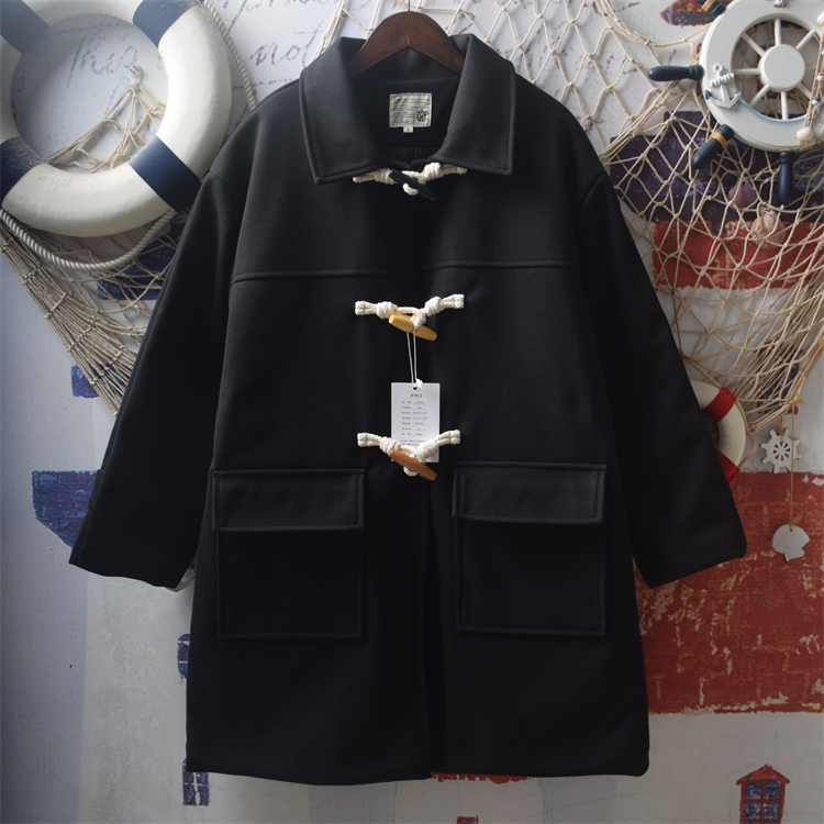 夹棉加厚翻领牛角扣毛呢大衣外套