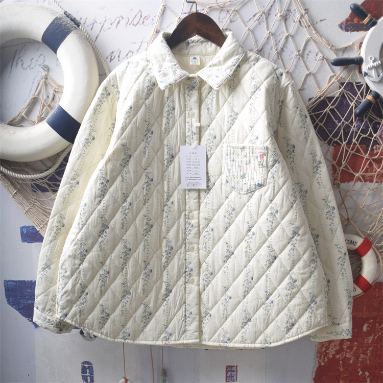 日系软妹森系小清新针织拼接宽松夹棉加厚碎花衬衫女保暖棉衣棉服