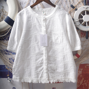 日系软妹森系高级感流苏拼接刺绣花朵宽松纯棉圆领短袖衬衫上衣女