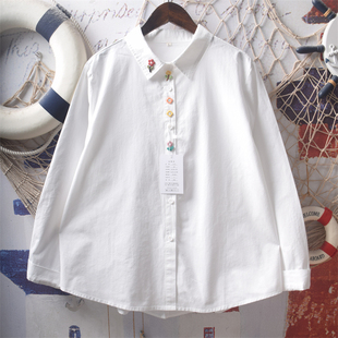 日系软妹甜美彩色花朵刺绣翻领宽松长袖 少女小个子上衣 纯棉白衬衫