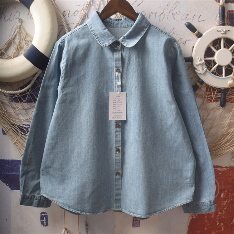 元宝娃娃领长袖牛仔衬衫上衣少女