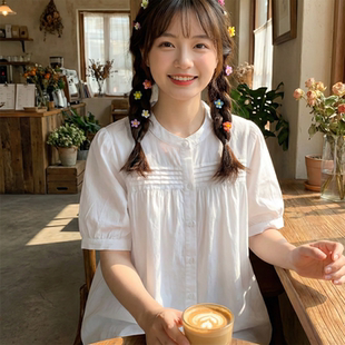 纯棉上衣 女设计感风琴压褶泡泡袖 日系软妹复古森女小清新短袖 衬衫