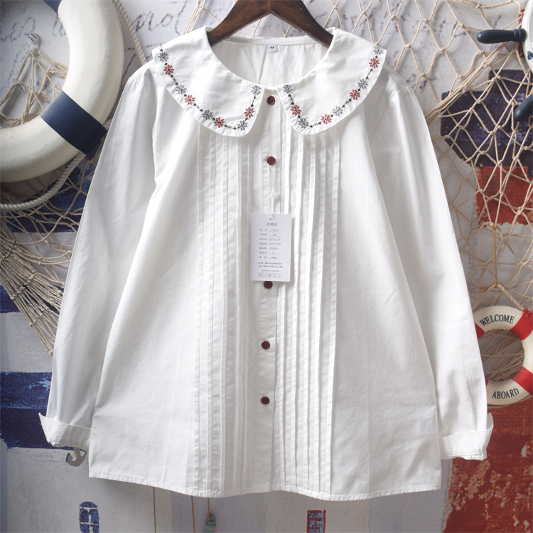 绣花娃娃领宽松纯棉长袖白衬衫女