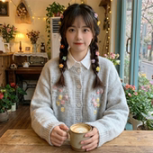 日系软妹森女风重工立体钩花刺绣宽松圆领长袖 毛衣外套女 针织开衫