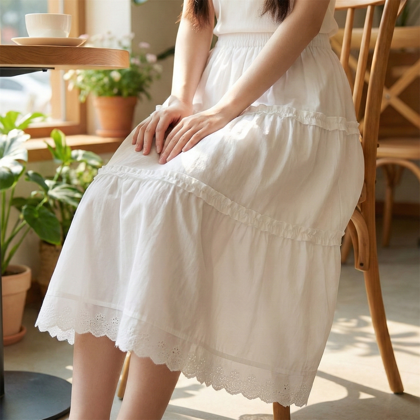 日系软妹白色半身裙蕾丝边蛋糕长裙女春季高腰森系设计感A字裙子