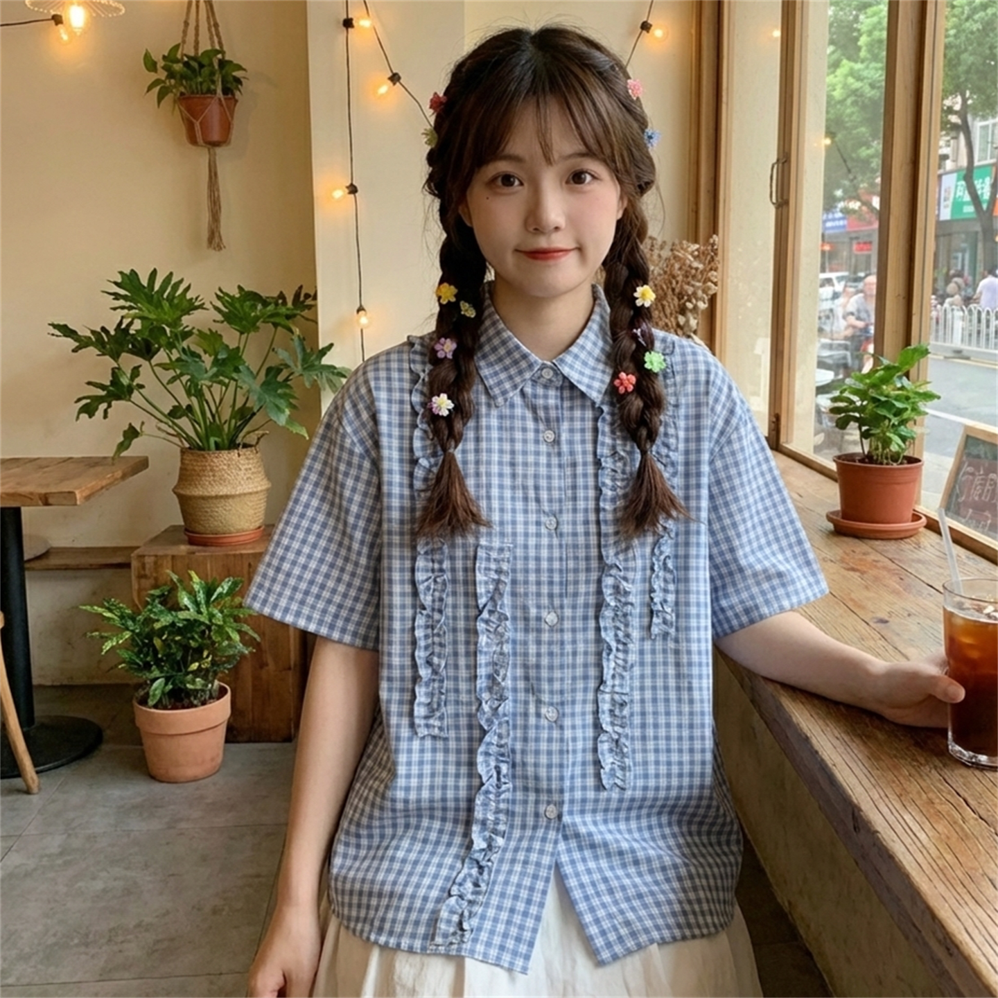 日系软妹荷叶边拼接宽松纯棉短袖格子衬衫少女小个子前短后长上衣